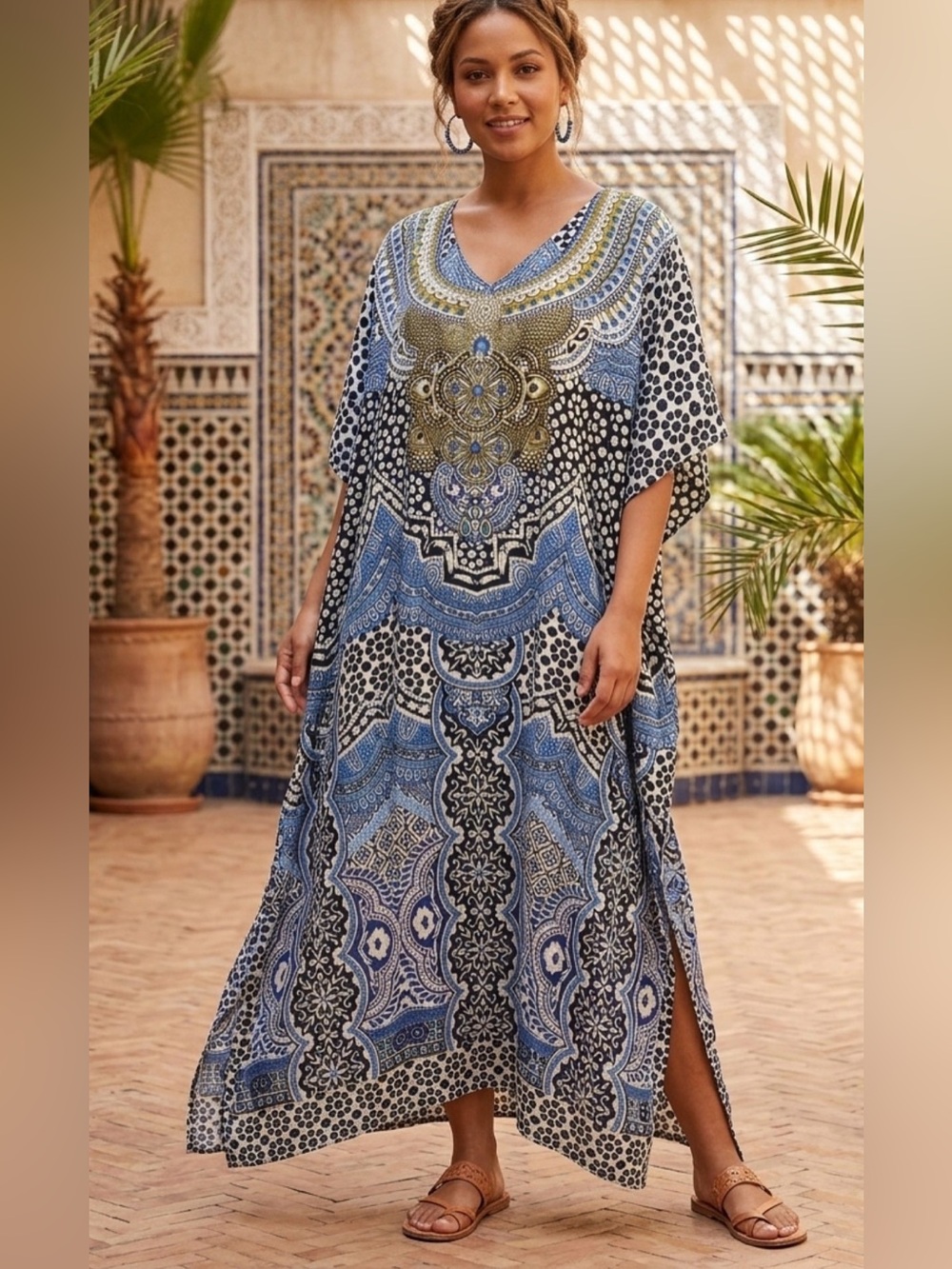 Lavish Blue and Black Printed V-Neck Kaftan Tunic